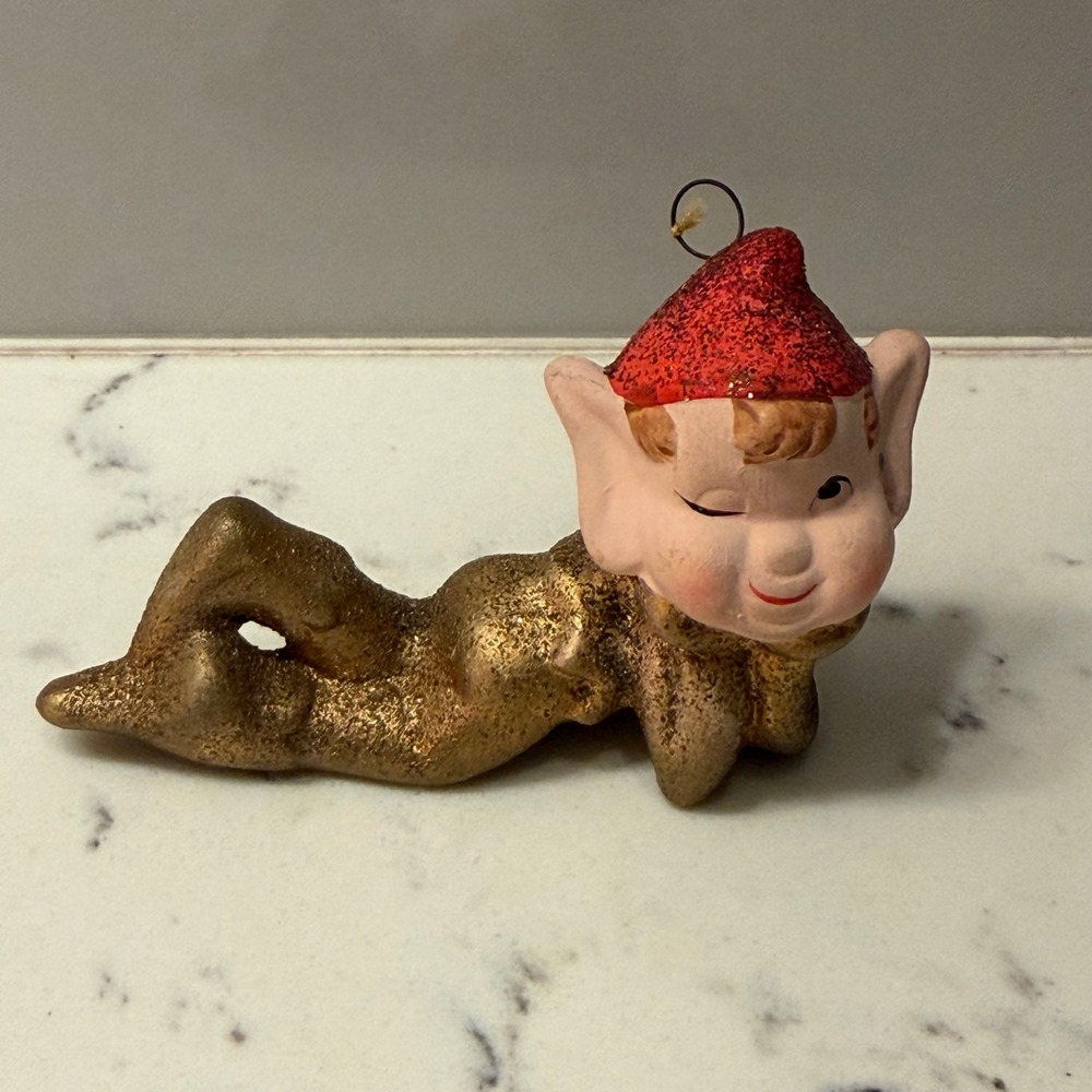 Vintage Winking Elf Ornament Unisex 3 Inch Gold Red Glitter Reclining Pixie